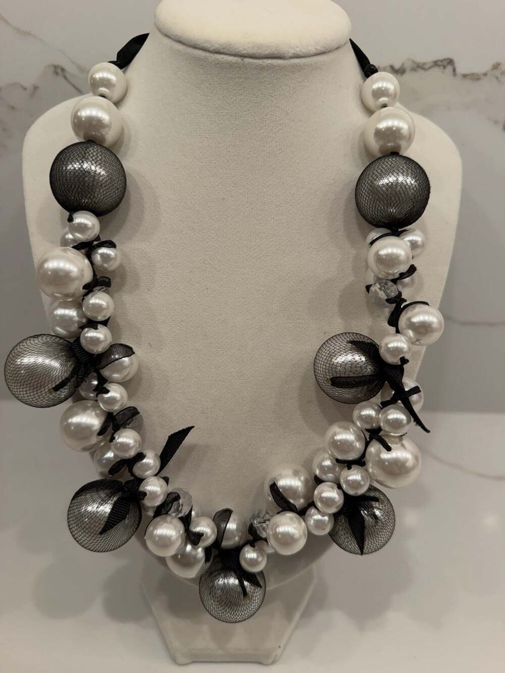 Chico’s Statement Necklace White Pearl Black Mesh Beaded Chunky Ribbon Tie